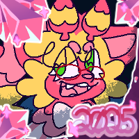 [a link that leads to an Artfight attack page. it is also an image of a yellow and pink anthro cat behind a pink crystal border.]